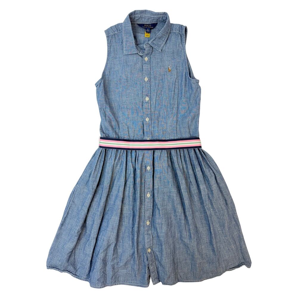 Polo Ralph Lauren Girls Size 16 Chambray Sleeveless Shirt Dress Belted Blue